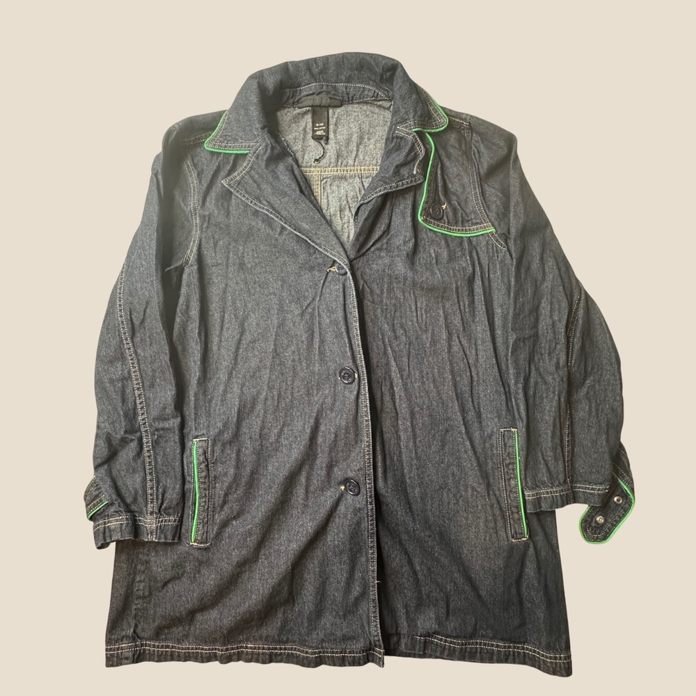Venezia Jacket Mens 18/20 Dark Blue Neon Green Piping Button Down Denim Coat